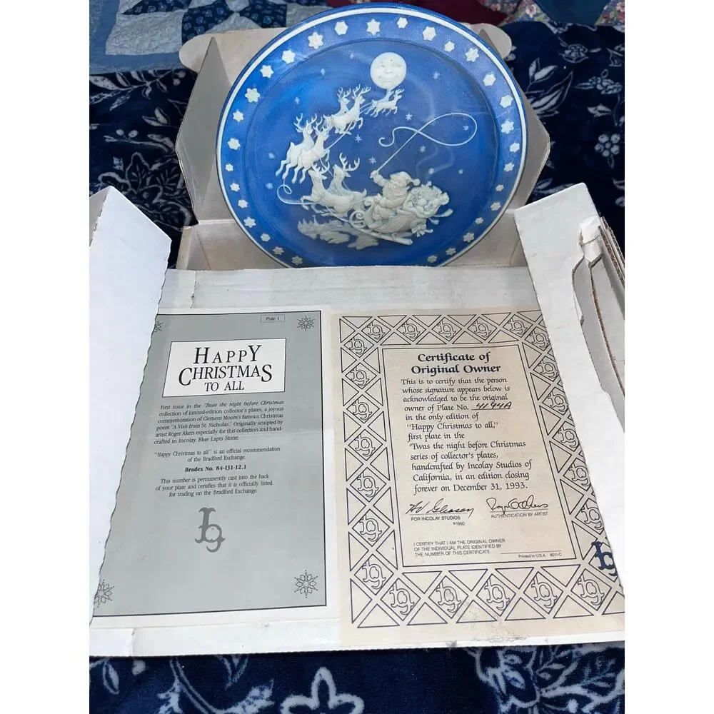 Roger Akers Incolay Stone 1992 Edition Collectors Plate Happy Christmas to All